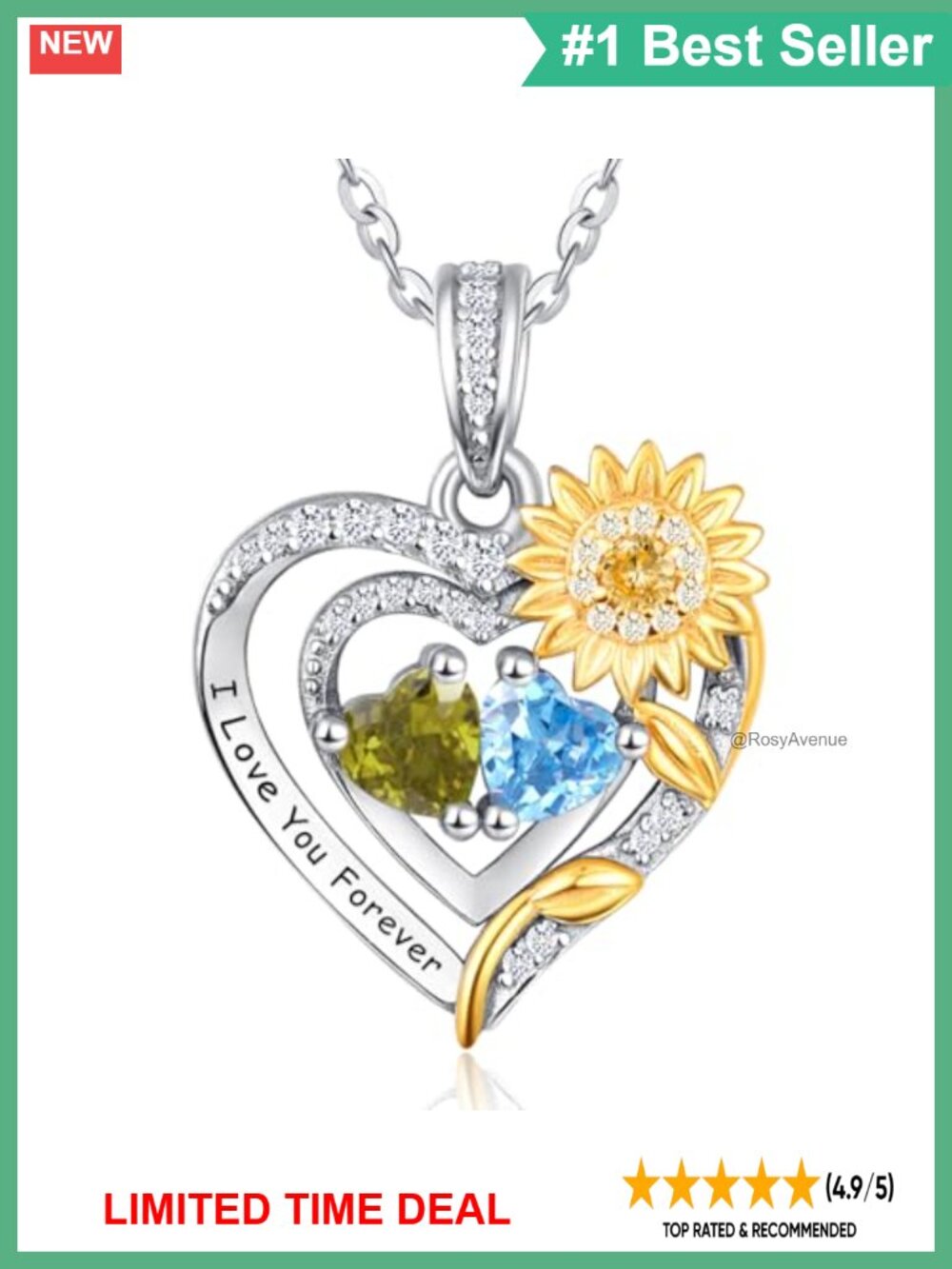Sterling Silver Sunflower Heart Necklace 2 Birthstones Pendant Gift for Women